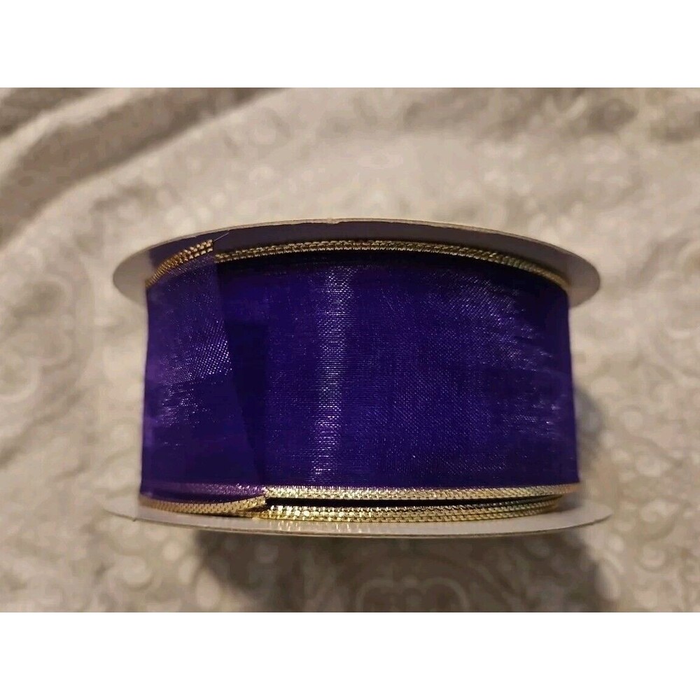 P112B 38 Sheer Purple Chiffon Wired Ribbon W Gold Metallic Edge, 1.5 in, 25-yard